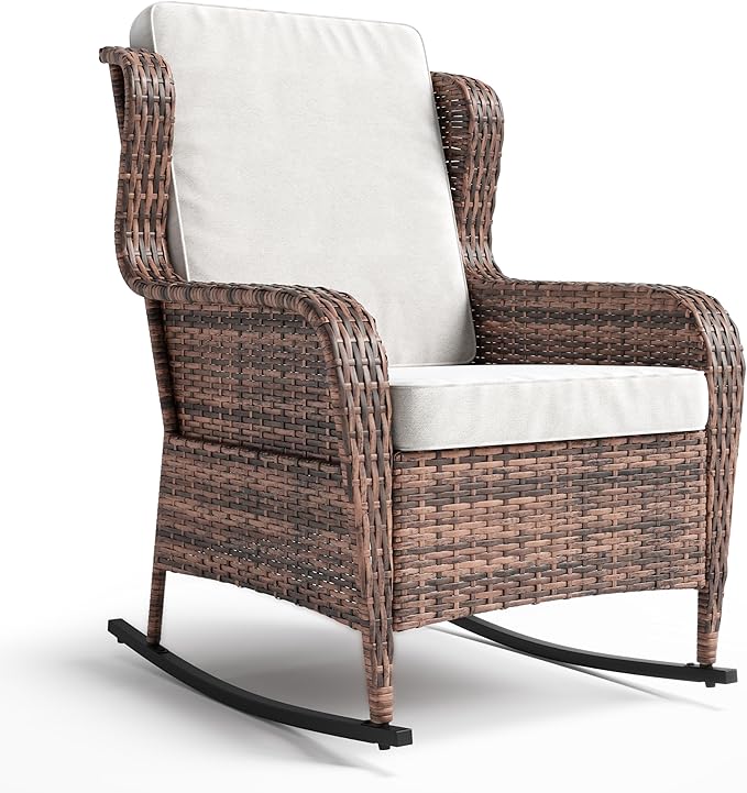 GarveeLife Single Wicker Rocking Chair, Classic Rattan Rocker with Brown Gradient and White Cushion, for Porch Relaxation