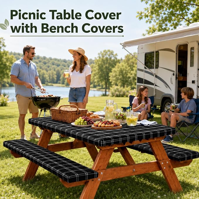 Emwwat Picnic Table Cover with Bench Covers, Waterproof Elastic Corner Fitted Tablecloth for 6 Foot Rectangle Tables, Washable Camping Table Cover Set for Picnic Outdoor BBQ (Black, 72in)