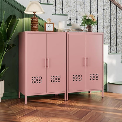 Metal Storage Cabinet with Vented Doors, Metal Sideboard Cabinet with 2 Adjustable Shelves, Freestanding Pink Accent Locker for Home,Dorm, Nursery,Assembly Required