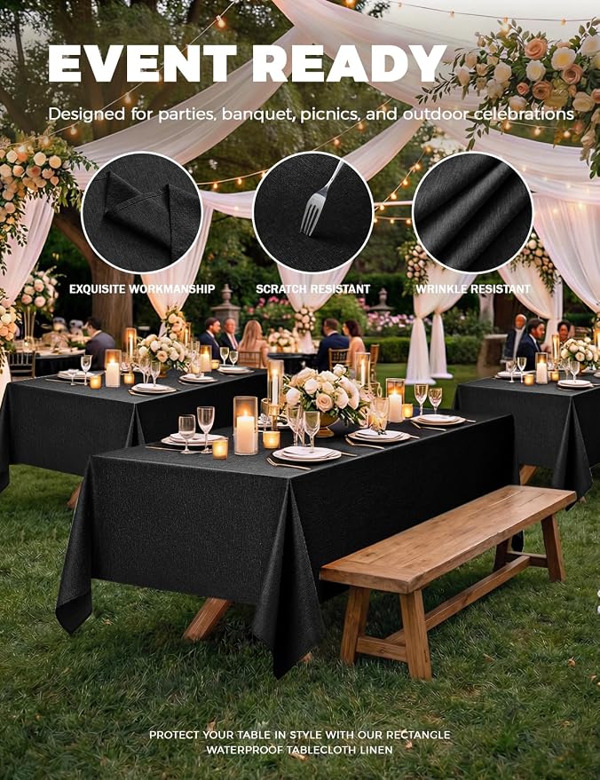 Decorelia Waterproof Black Table Cloths for Rectangle 6 Ft Table-2 Pack, Washable Polyester Rustic Fabric Faux Linen Reusable Table Cloth Cover for Wedding,Outdoor,Events, Party,Dining, 60x102 Inch