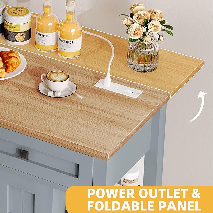 DWVO Rolling Kitchen Island with Drop Leaf, Mobile Storage Islands with Power Outlet Foldable Tabletop, 2 Drawers and Open Shelves, for Living Room, Dining Room, Blue Gray