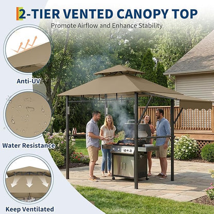 8x5 ft Grill Gazebo, Double Tired Outdoor Patio Canopy Tent with Side Awning Shelves,4 LED Lights,10 Hooks & Bottle Opener,Heavy Duty Steel Frame Grilling Canopy for Patio Backyard Garden Picnic,Khaki