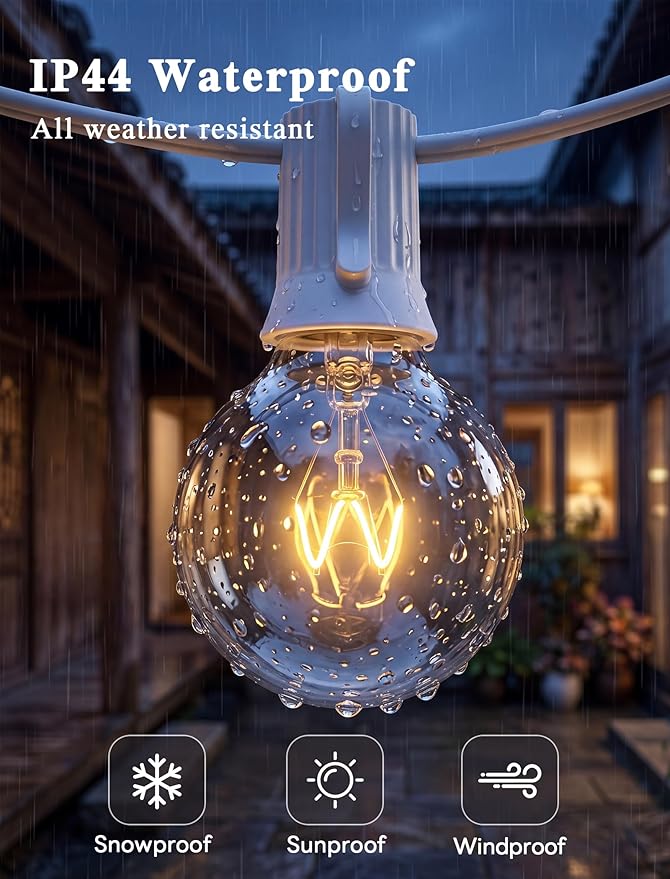 Abeja Outdoor String Light G40-100Ft with 105 Edison Glass Bulbs, 5W, E12 Socket Base, UL Listed Waterproof for Patio Lights Bars Party Decor, White