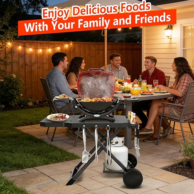 Upgraded Portable Grill Cart for Weber Q1200, Q1000, Q2200, Q2000, Q2400, Foldable Cart for Weber Q Series Gas Grills, Outdoor BBQ Stand with Propane Tank Holder for Travel and Camping