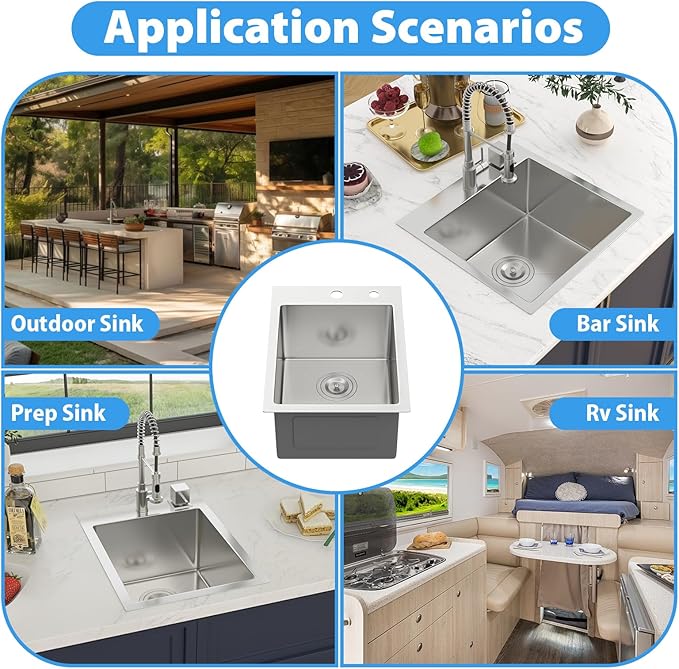 15 Drop In Bar Sink 15 x 20 Inch Kitchen Sink 18 Gauge Stainless Steel Single Bowl Topmount Handmade Sink for Outdoor, RV, 15x20x9