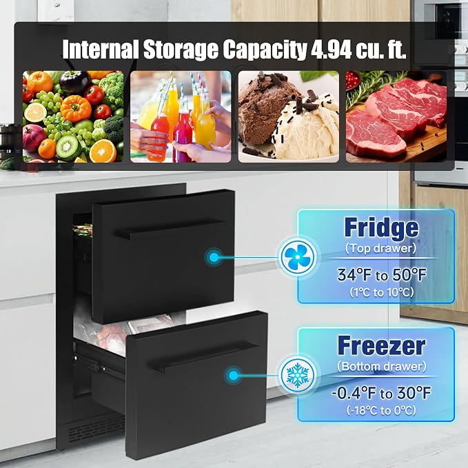 24Inch Double Drawer Refrigerator with Freezer,Under Counter Beverage Fridge for Indoor Outdoor Kitchen, Waterproof Black Stainless Steel Freezer for Freshness & Freezing Meat (-0.4℉ to 50℉)