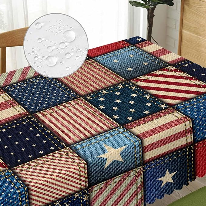 American Flag Tablecloth for Rectangle Tables Denim Patchwork of American Flag Picnic Table Cover Indoor and Outdoor Table Cloth Camping Tablecloths for Dinner Kitchen 52"X70"