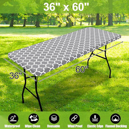 Smiry Picnic Fitted Table Cover, 5 Foot Flannel Backed Vinyl Tablecloth | Waterproof Elastic Stretch Table Cloth, Wipeable Plastic Tablecloth for Camping, Indoor & Outdoor (Grey, 36" x 60")