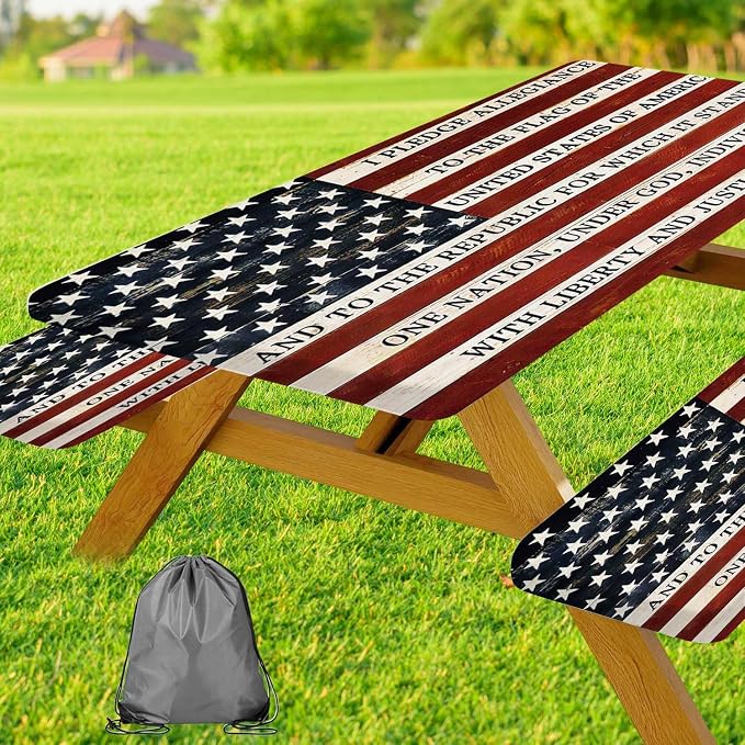 JAWO Fitted Picnic Table and Bench Cover, Vintage American Flag Pledge of Allegiance Print Waterproof Elastic Picnic Tablecloth for Outdoor Patio Camping Backyard Park, 30X72inch