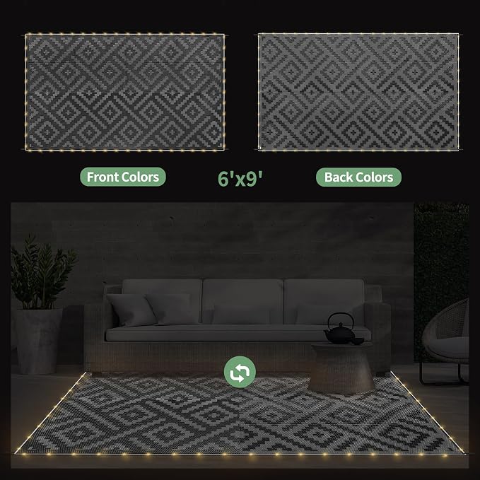 GENIMO Outdoor Rug, Waterproof Plastic Rugs for Patio, 6'x9' LED Dark Grey | Outside Larger Modern Carpet Mat for Porch Decor, Deck, Balcony, Camping, RV, Backyard, Picnic, Beach, Reversible, Foldable
