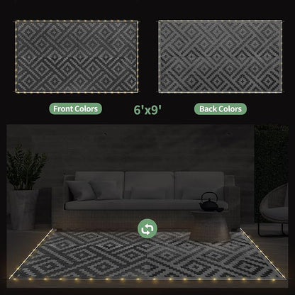 GENIMO Outdoor Rug, Waterproof Plastic Rugs for Patio, 6'x9' LED Dark Grey | Outside Larger Modern Carpet Mat for Porch Decor, Deck, Balcony, Camping, RV, Backyard, Picnic, Beach, Reversible, Foldable