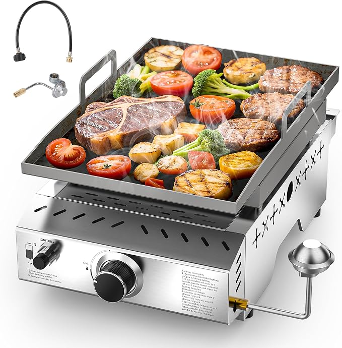 COWSAR Stainless Steel Tabletop Grill – 18-Inch Portable Propane Griddle | Gas Griddle,8000 BTU Flat Top Cooking Surface for Camping,Griddle with Handle