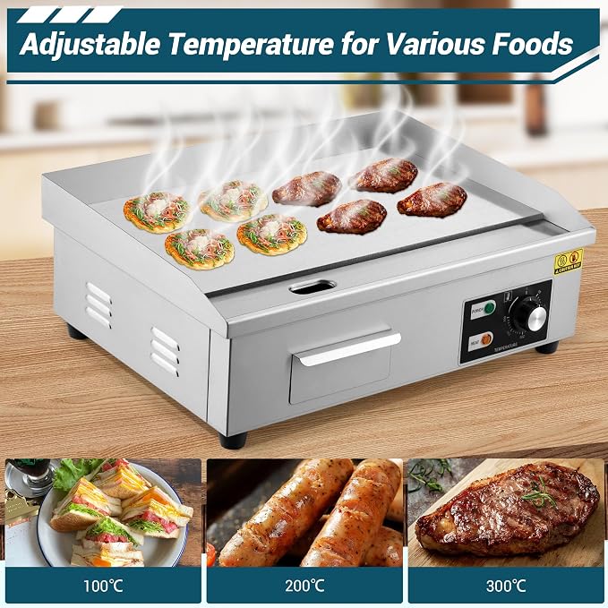 Garvee 21 In Commercial Electric Griddle, Flat Top Grill Countertop Griddle | Non-Stick Stainless Steel Teppanyaki Grill for Restaurant Kitchen Outdoor BBQ