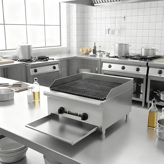 24" Commercial Propane Grill – 56,000 BTU 2-Burner Countertop Gas Grill with Cast Iron Grates & Lava Rocks, Convertible Between Propane & Natural Gas.Gas Charbroiler for Home & Commercial Kitchen.