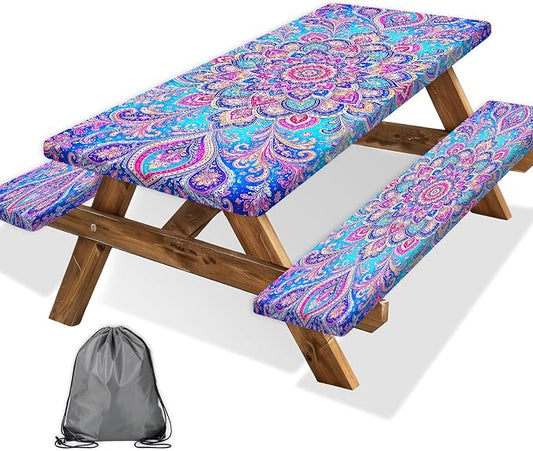 Picnic Table Cover with Bench Covers Boho Mandala Camping Essentials Waterproof Windproof Elastic Fitted Tablecloths for 6 Foot Rectangle Table, Tablecloth for Outdoor Backyard Patio BBQ Garden