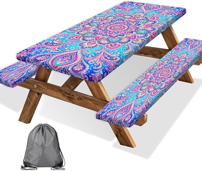 Picnic Table Cover with Bench Covers Boho Mandala Camping Essentials Waterproof Windproof Elastic Fitted Tablecloths for 6 Foot Rectangle Table, Tablecloth for Outdoor Backyard Patio BBQ Garden