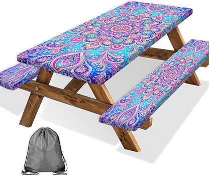 Picnic Table Cover with Bench Covers Boho Mandala Camping Essentials Waterproof Windproof Elastic Fitted Tablecloths for 6 Foot Rectangle Table, Tablecloth for Outdoor Backyard Patio BBQ Garden