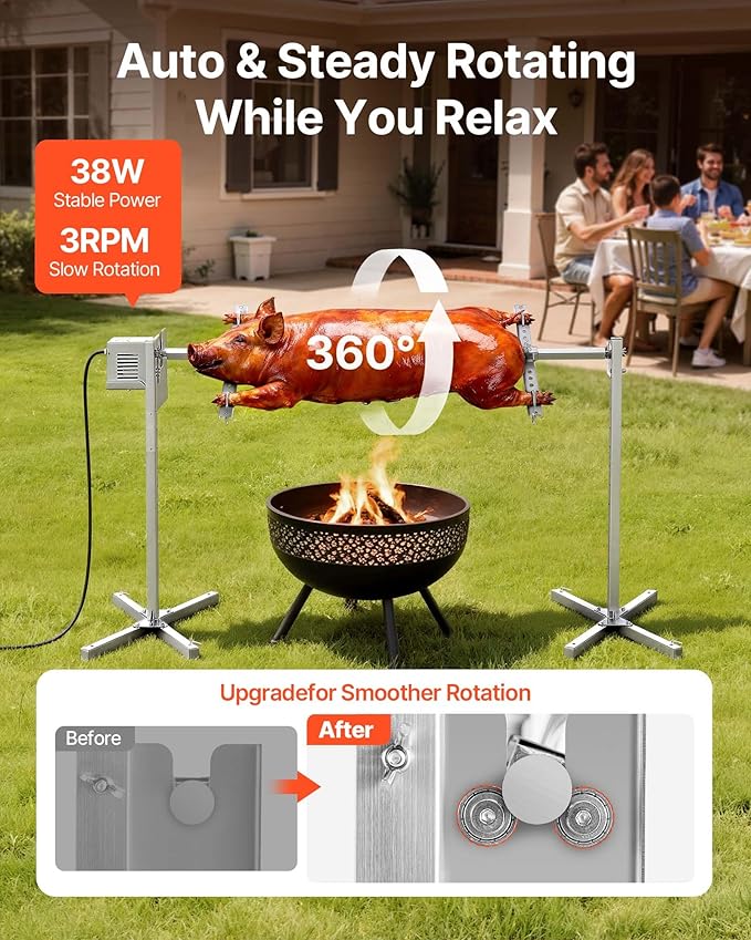 VEVOR Rotisserie Grill, 8 Level Height Stainless Steel Electric Rotisserie Grill Kit, 88 lbs Load Capacity BBQ Grills Rotisseries Kit with 38W Motor, Automatic Grilling Kits for Parties