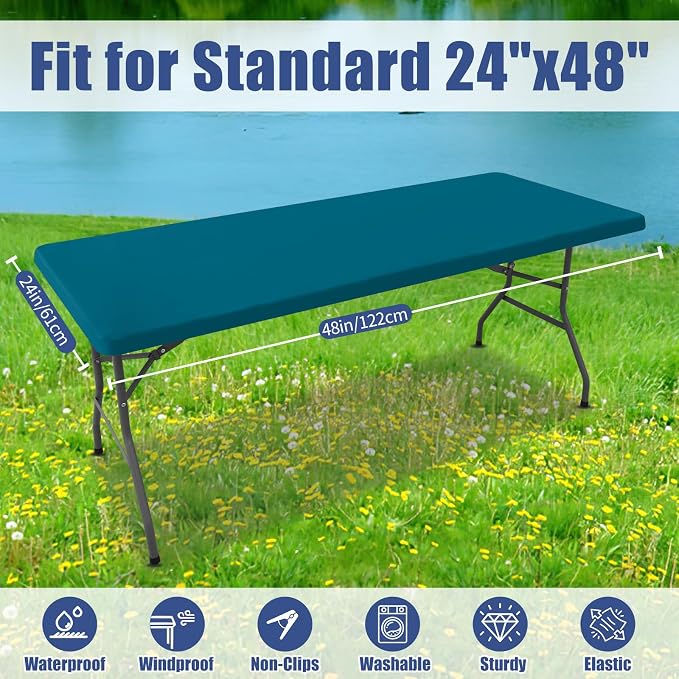 Moosfor 2 Pack Rectangle Spandex Fitted Table Cloth, 4FT Elastic Tablecloth | Washable Picnic Table Cover, Stretch Waterproof Table cloths for Party, Patio, Dining, Kitchen, 24" x 48", Peacock Blue