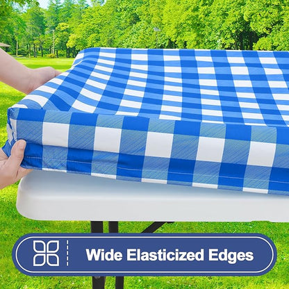 Smiry Picnic Table Cloth 2 Pack, Waterproof Elastic Fitted Tablecloths for 6FT Rectangle Tables, Washable Polyester Buffalo Plaid Tablecloth for Camping, Dining & Outdoor (Blue & White, 30" x 72")
