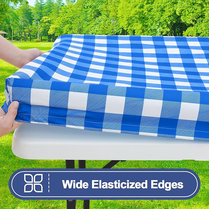 Smiry Picnic Table Cover with Bench Covers, Waterproof Elastic Fitted Tablecloths for 24x48 Rectangle Tables, Washable Buffalo Plaid Tablecloth for Camping, Outdoor (Blue & White, 24" x 48")