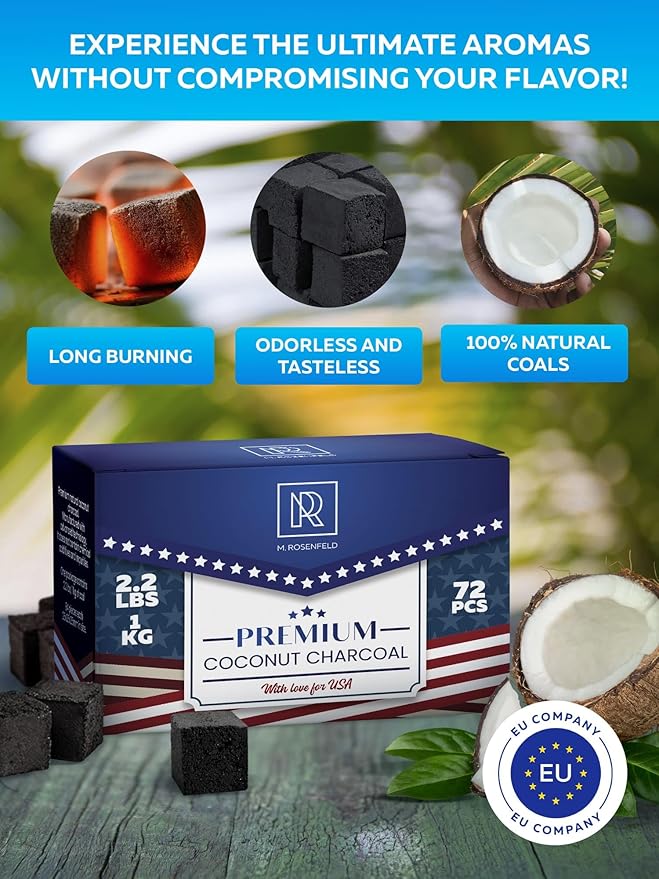 Premium Coconut Charcoal Cubes - Coconut Coals XL Pack of 72 Count & 1 KG (2.2 lbs) – Premium Quality 25mm (1x1x1 in) – 100% Natural Coconut Charcoal Cubes – NOT Quick Light - Pack of 1