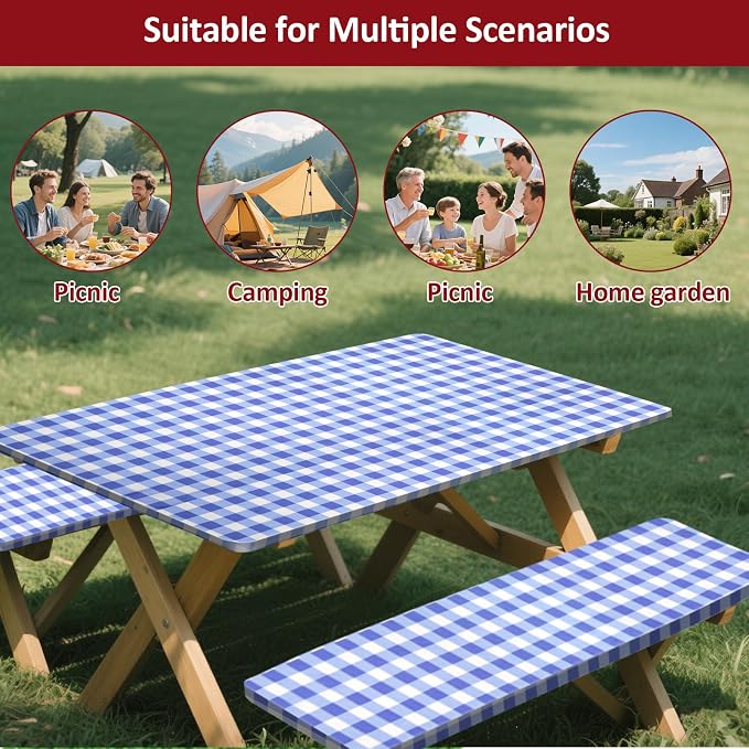 7ft 84in Picnic Table and Bench Cover, 3 Pack, Blue-White Checkered | Drawstring Bag, Waterproof Windproof, Elastic Fitted Edges Tablecloth, for Rectangle Table & Seat, Camping Essentials RV Gear