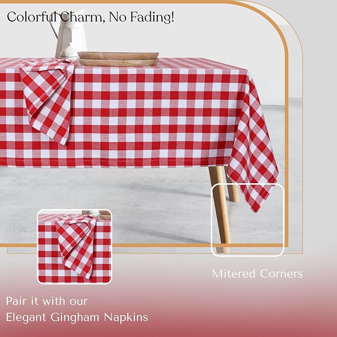 Gingham Checkered Tablecloth 60x84 Inch, 100% Cotton, Classic Check Pattern, Washable Table Cover for Farmhouse Decor, Picnics, Holiday Meals, Party, Everyday Dining, Red White