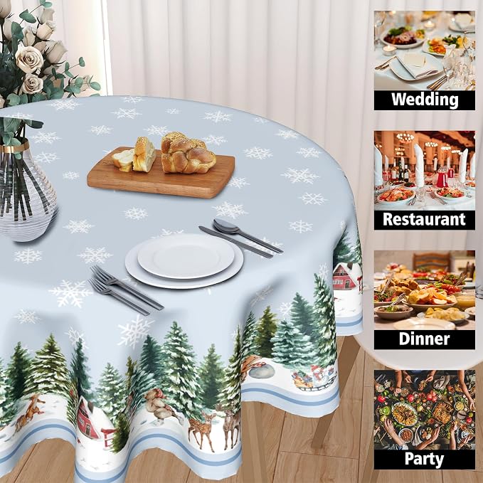Sweetshow Winter Snowflake Blue Table Cloth Round Christmas Tree Deer Squirrel Tablecloth 70 Inch Winter Decor Washable Stain and Wrinkle Resistant Round Table Cover for Dining Party Picnic