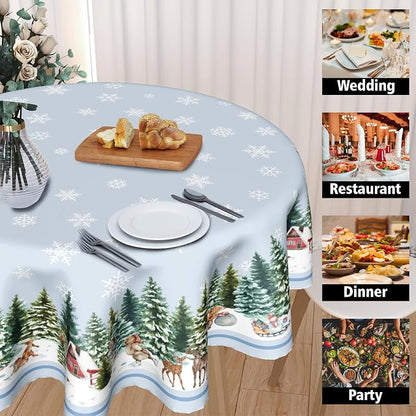Sweetshow Winter Snowflake Blue Table Cloth Round Christmas Tree Deer Squirrel Tablecloth 70 Inch Winter Decor Washable Stain and Wrinkle Resistant Round Table Cover for Dining Party Picnic
