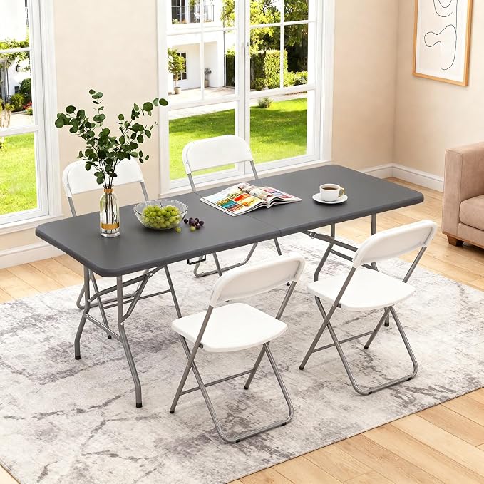BestOffice 6 FT Picnic Table, Portable Plastic Folding Table with Carrying Handle Perfect for Picnics, Parties, Party and Camping, Grey