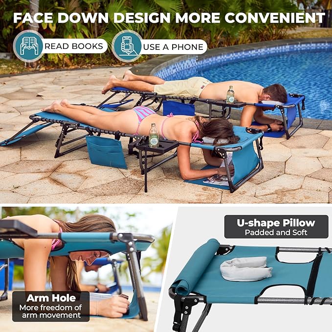FUNDANGO 4 in 1 Tanning Chair with Face Hole, Beach Lounge Chair with Canopy Shade & Side Table Chaise Lounge Chairs for Patio, Pool, Lawn, Sunbathing, 5-Position Adjustable Sun Lounger, Cyan