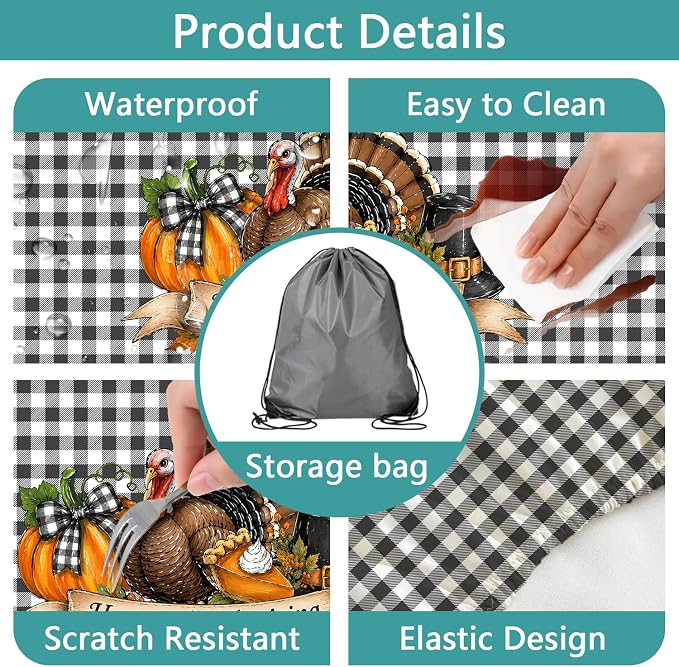 Thanksgiving Picnic Table Cover Set with Bench Covers, Buffalo Check Plaid Turkey Happy Thanksgiving Waterproof Elastic Fitted Outdoor Patio Camping Tablecloth
