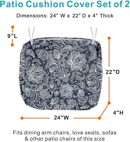 NettyPro Outdoor Patio Chair Seat Cushion Covers Set 4, Water Resistant UV Protection Cushion Slip Covers with Zipper and Tie, Replacement Cover Only, 24 x 22 x 4 Inch, Slate Grey Paisley