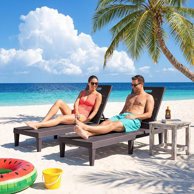 Greesum Outdoor Chaise Lounge Chair Set of 2, Waterproof 5-Position Adjustable PP Sun Loungers for Patio, Poolside, and Beach Sunbathing, Brown