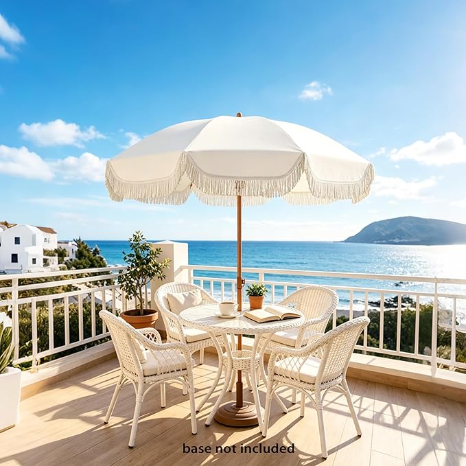 Seazul 6.5ft Patio Umbrella with Fringe, Beach Umbrella, Fringe Umbrella Outdoor Patio with Hanging Hook, Tilting Aluminum Pole, UV 50+, Fiberglass Ribs, Elegant Cream