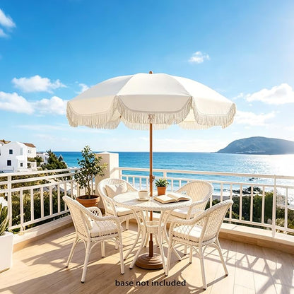 Seazul 6.5ft Patio Umbrella with Fringe, Beach Umbrella, Fringe Umbrella Outdoor Patio with Hanging Hook, Tilting Aluminum Pole, UV 50+, Fiberglass Ribs, Elegant Cream