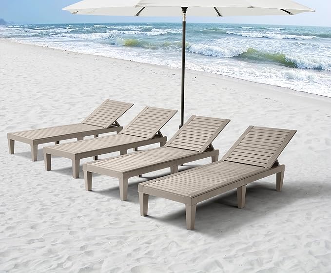 Nestl Sun Tanning Chair - Sand Beige Chaise Lounge Chair Outdoor, Lightweight Pool Lounge Chairs Set of 6, Adjustable 5-Position Reclining Lawn Chair, Waterproof Beach Outdoor Lounge Chairs