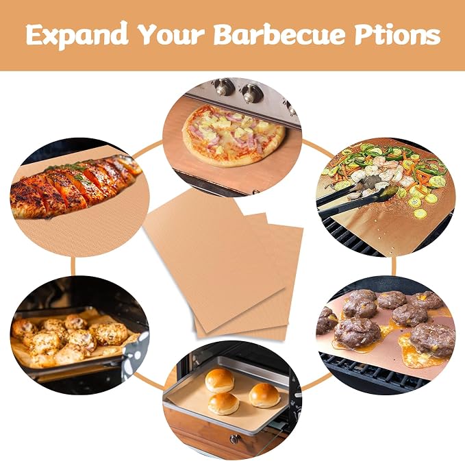 Copper Grill Mats for Ourdoor Grill,Set of 7 Heavy Duty Grilling Mats,100% Non-Stick BBQ Grilling Sheets,Easy to Clean BBQ Grill Accessories-Works on Gas Charcoal and Electric BBQ,15.75 x 13 Inch