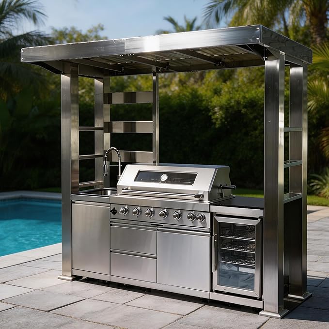 94-Inch6-Burner Gas Range (85,000 BTU) Stainless Steel Outdoor Kitchen Grill Island with Refrigerator, Rotisserie, Granite Countertop, Storage Cabinets, and Drawers (Silver, 94"(Propane Gas))