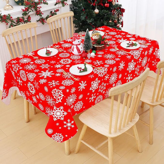 Smiry Christmas Rectangle Table Cloth, Waterproof Vinyl Tablecloth with Flannel Backing, Wipeable Snowflake Plastic Tablecloths for Christmas Table Decorations, (52"x70", Christmas Red)