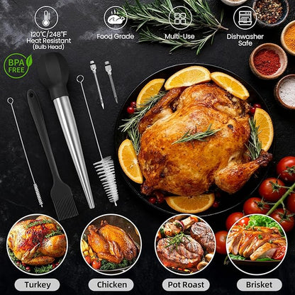 SCHVUBENR Large Turkey Baster Set - Stainless Steel Baster Tool for Cooking - Includes Basting Brush, Cleaning Brush & Injector Needles - Heavy Duty Baster Syringe - Thanksgiving, Christmas Essentials