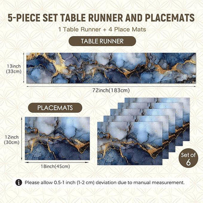 Nuxovilar Square placemats Set of 7 Table Runner and placemats Deep Blue&Gold Marble Pattern Linen-Cotton Tablerunner(72X13inch)&6 Placemats(11.8X17.7) Table Decor Essentials Kitchen,Dining Room