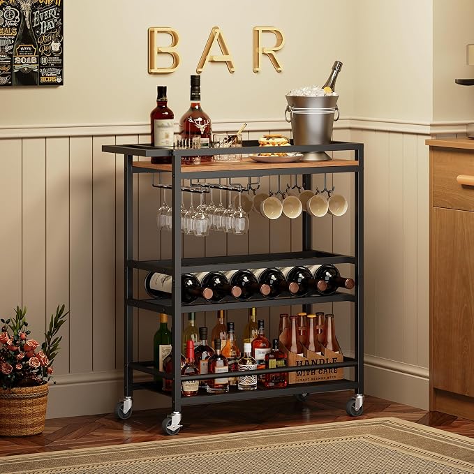 MAHANCRIS Bar Cart for Home, Kitchen Island Cart, Rolling Wine Cart with Glass Holders, 3-Tier Serving Cart with Wine Rack, Beverage Cart and Drink Cart, Rustic Brown and Black RCHR11801