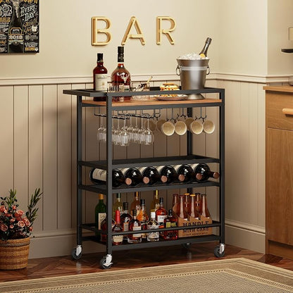 MAHANCRIS Bar Cart for Home, Kitchen Island Cart, Rolling Wine Cart with Glass Holders, 3-Tier Serving Cart with Wine Rack, Beverage Cart and Drink Cart, Rustic Brown and Black RCHR11801