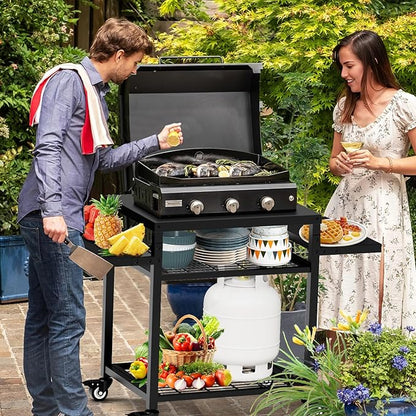 42" x 20" Three-Shelf Grill Cart - Outdoor BBQ & Work Cart - Movable Pizza Oven Table - Commercial Multifunctional Kitchen Food Prep Worktable
