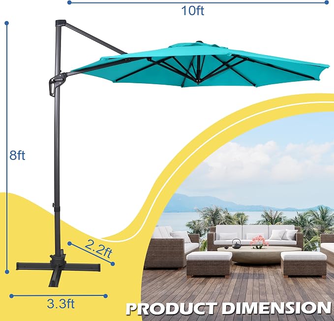 Sunnyglade 10Ft Cantilever Patio Umbrella, 360° Rotation & Integrated Tilting System Offset Umbrella with 8 Sturdy Ribs, Fade-resistant & Waterproof for Garden Backyard Poolside Deck