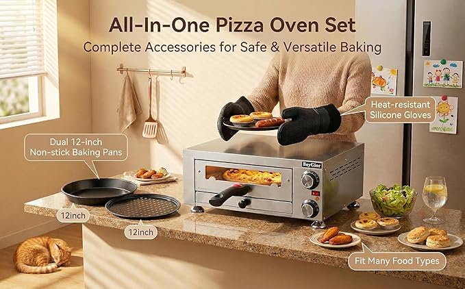 Electric Pizza Oven Indoor,12 inch Countertop Pizza Maker with Viewing Window,Stainless Steel Commercial Pizza Oven, Removable Handle,Dual Baking Trays and Oven Mitts