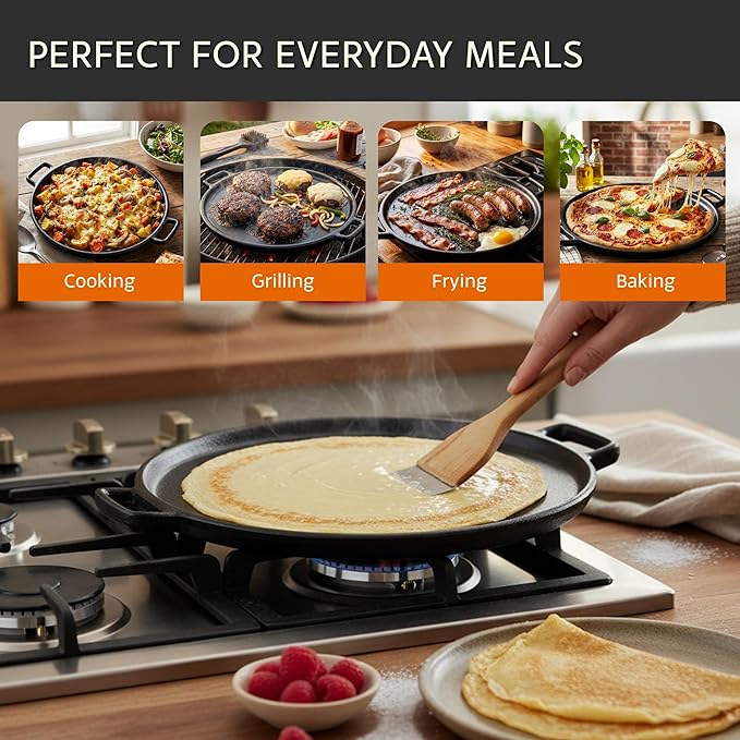 Home-Complete Cast Iron Pizza Pan - 14-Inch Baking Pan for Oven, Stovetop, Grill, or Campfires - Durable, Even-Heating, Versatile Cast Iron Griddle