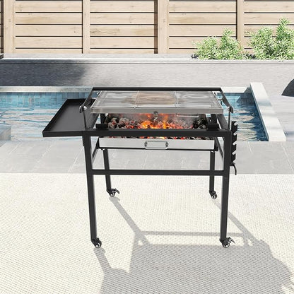 360° Rotating BBQ Charcoal Grill with Wheels, Movable Barbecue Grill Stand-up Detachable Portable Outdoor Charcoal Grill for Camping Garden Commercial Backyard, Heavy Duty Square, 23.6"x16.5" Grid